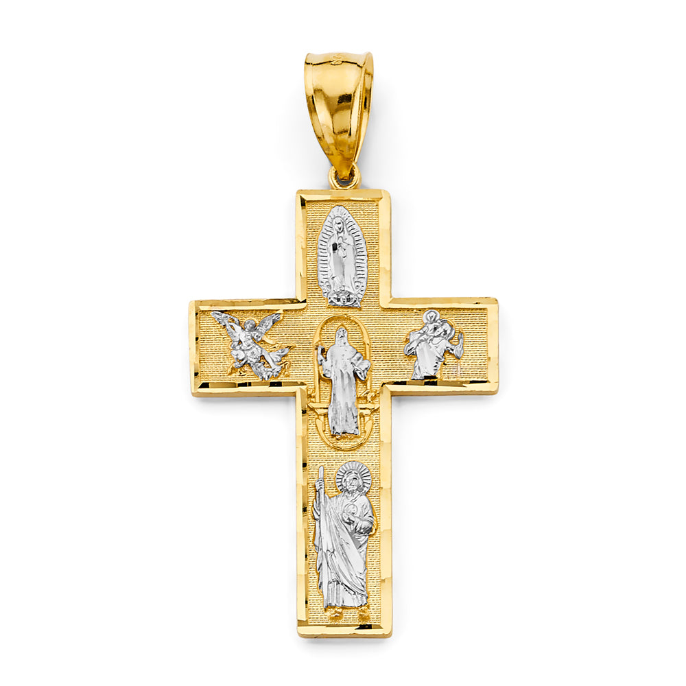 14K Two-Tone Gold Multi-Saint Guadalupe Cross Pendant aprox 2 3/4" tall
