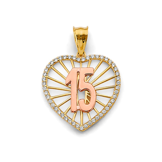 14K Tri-Color Gold Heart 15 Años Pendant with Cubic Zirconia