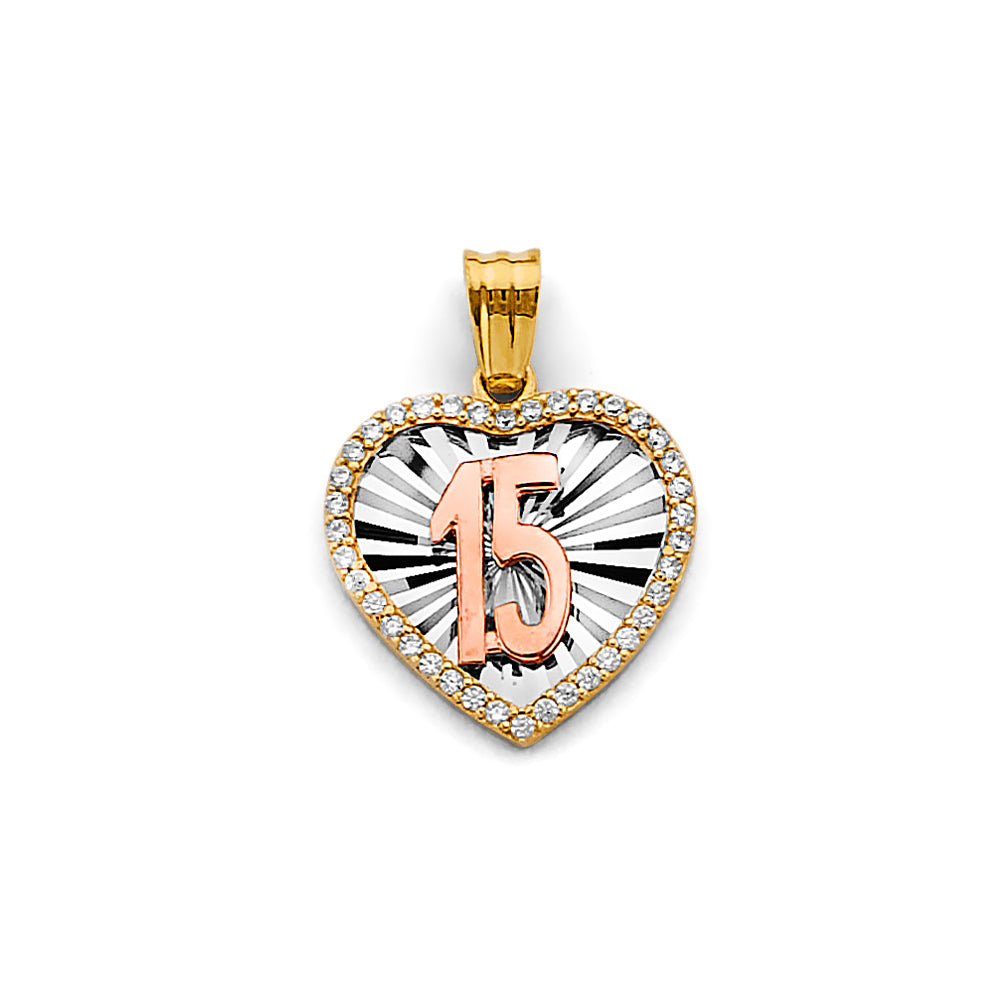 14K Tri-Color Gold Heart 15 Años Pendant with Cubic Zirconia