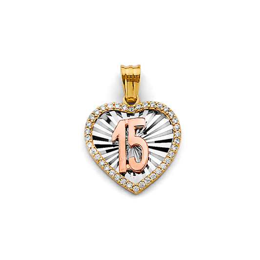 14K Tri-Color Gold Heart 15 Años Pendant with Cubic Zirconia