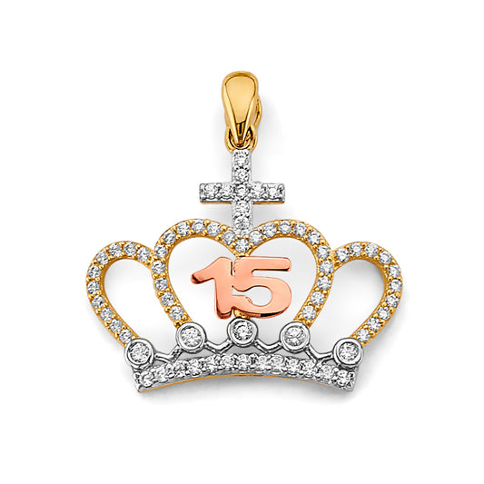 14K Tri-Color Gold Quinceañera Crown Pendant with Cubic Zirconia