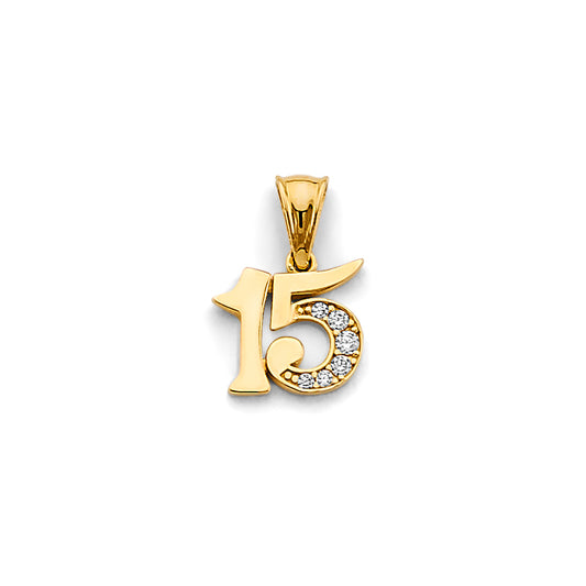 14K Yellow Gold Quinceañera Number 15 Pendant with Cubic Zirconia