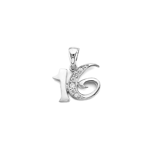 14K White Gold Sweet 16 Number Pendant with Cubic Zirconia