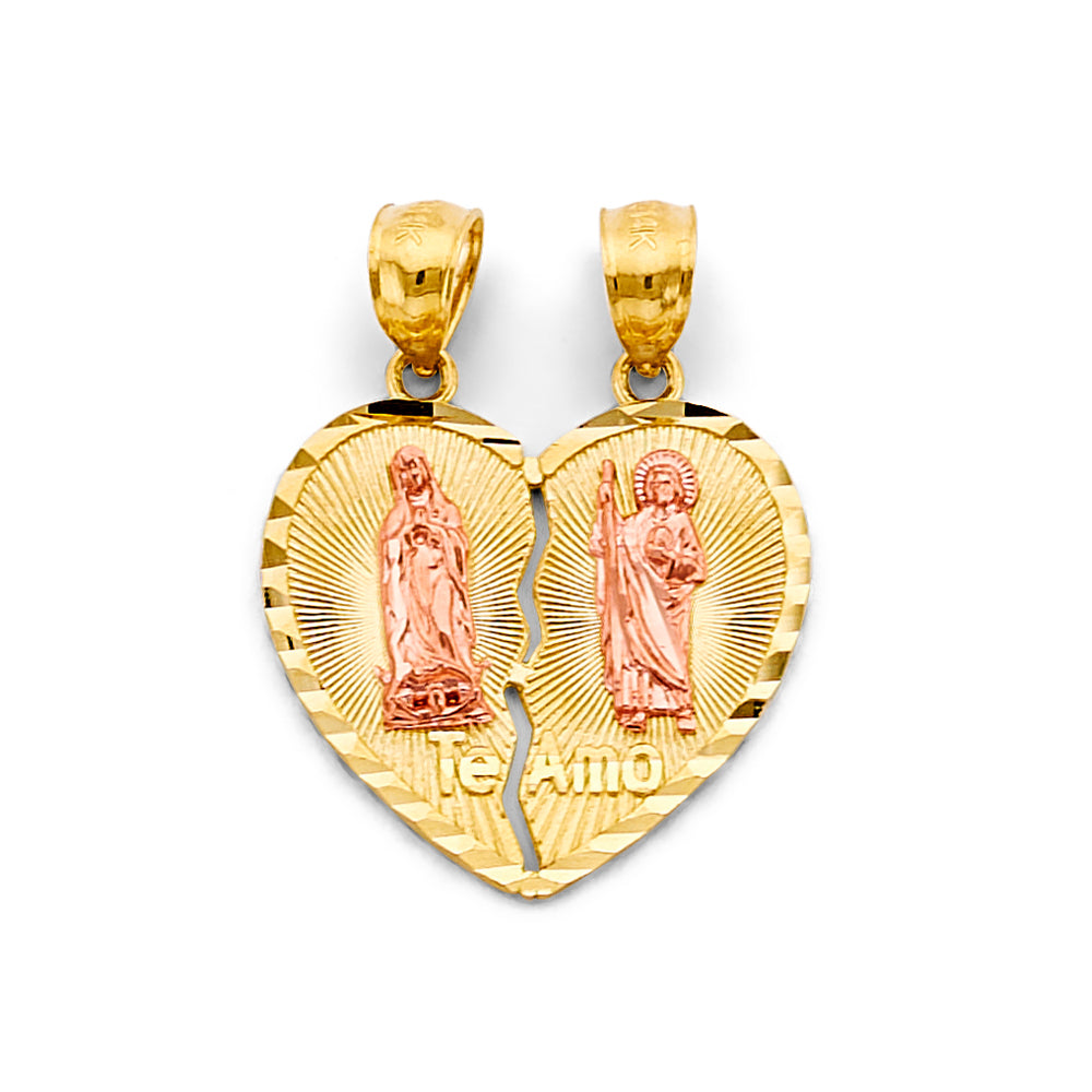 14K Two-Tone Gold Double Sided Virgen de Guadalupe & San Judas “Te Amo” Heart Design Pendant