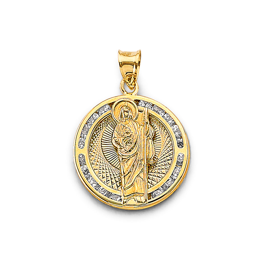 14K Yellow Gold Round San Judas CZ Pendant aprox 1" tall