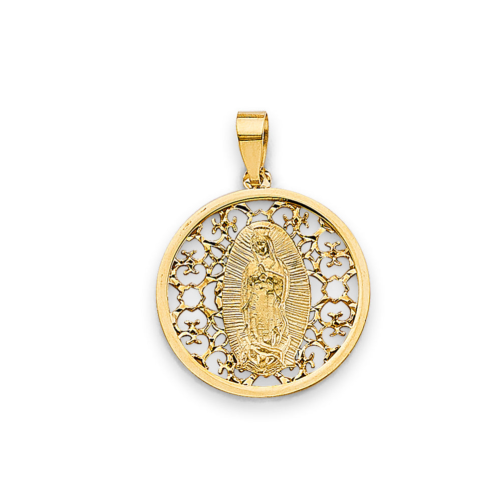 14K Yellow Gold Virgin Guadalupe Filigree Round Medallion Pendant aprox 1" tall