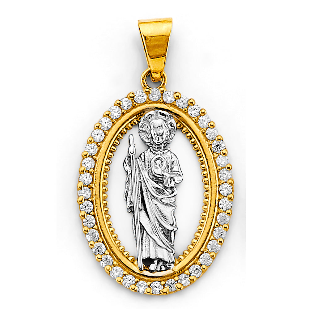 14K Two-Tone Gold Saint Jude CZ Oval Pendant