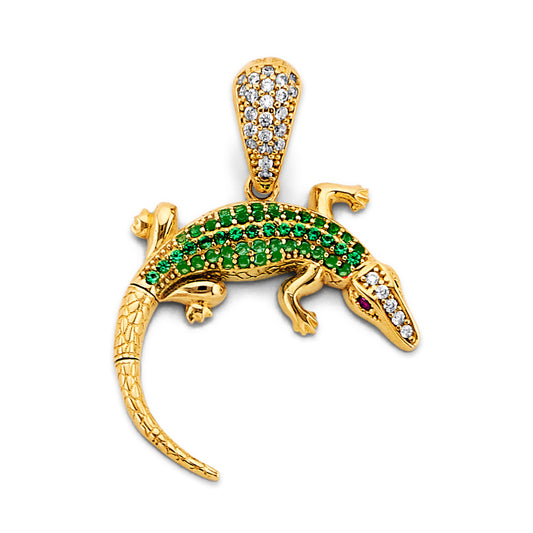 14K Yellow Gold Alligator Design Pendant with Green and White CZ
