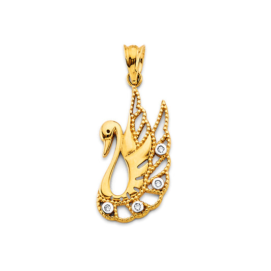 14K Yellow Gold Swan Pendant with CZ Accents