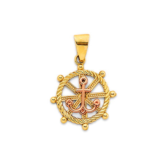 14K Two-Tone Gold Anchor & Ship Wheel Pendant
