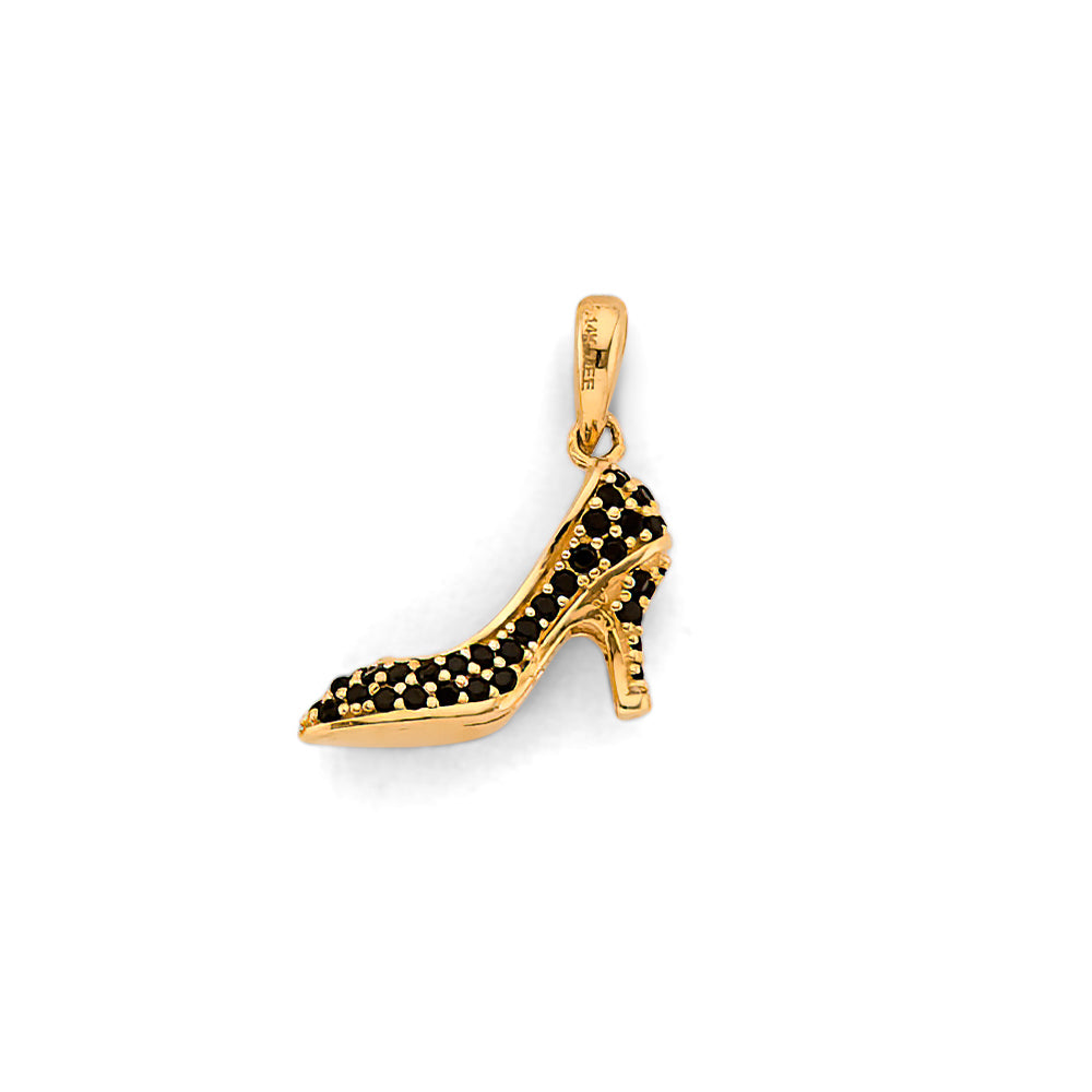 14K Yellow Gold High Heel Shoe Design Black CZ Pendant