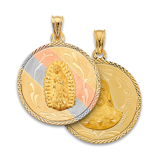 14K Tri-Color Gold Double Sided Guadalupe & Sacred Heart Medallion