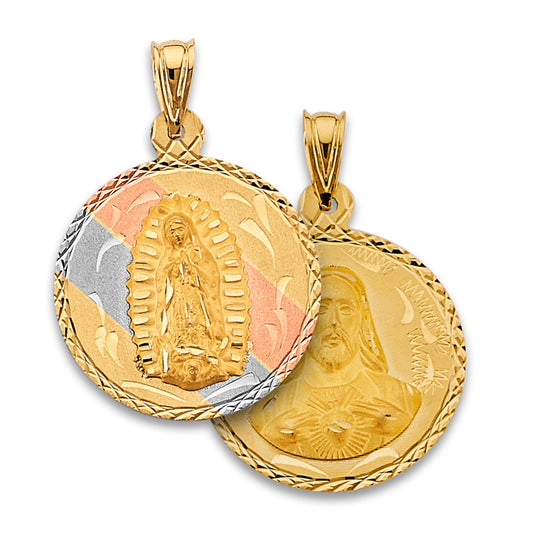 14K Tri-Color Gold Double Sided Guadalupe & Sacred Heart Medallion