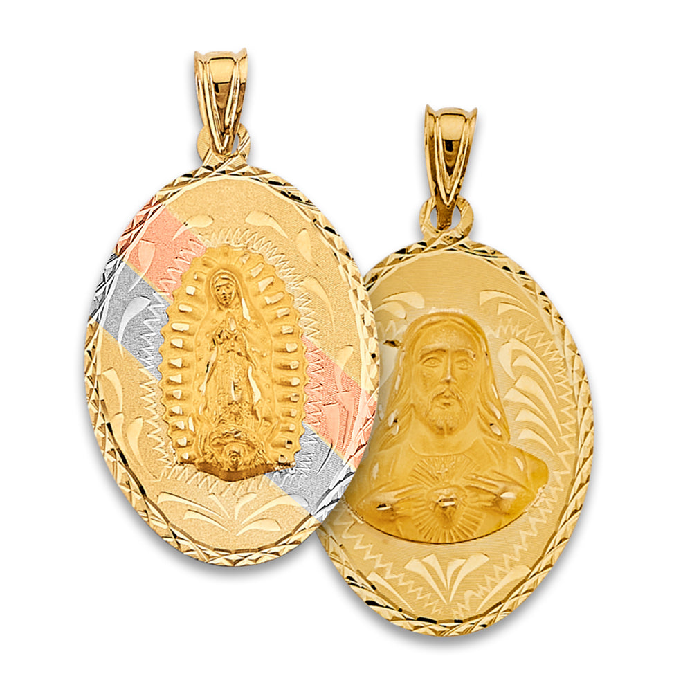 14K Tri-Color Gold Double Sided Guadalupe & Sacred Heart Oval Shaped Medallion