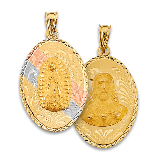 14K Tri-Color Gold Double Sided Guadalupe & Sacred Heart Oval Shaped Medallion