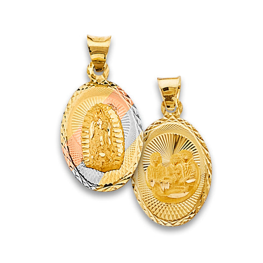 14K Tri-Color Gold Double Sided Guadalupe & Baptism Oval Medallion