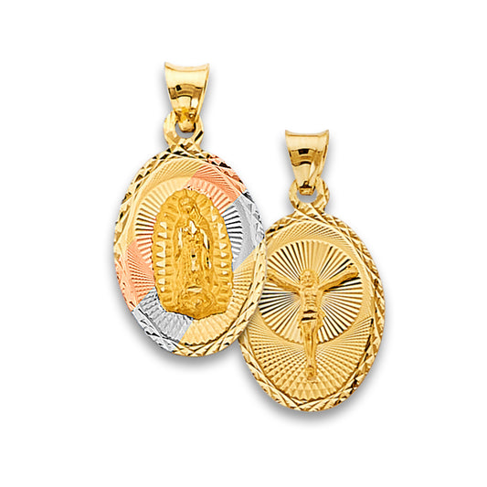 14K Tri-Color Gold Double Sided Guadalupe & Crucifix Oval Medallion