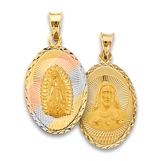 14K Tri-Color Gold Double Sided Guadalupe & Sacred Heart Oval Shaped Medallion
