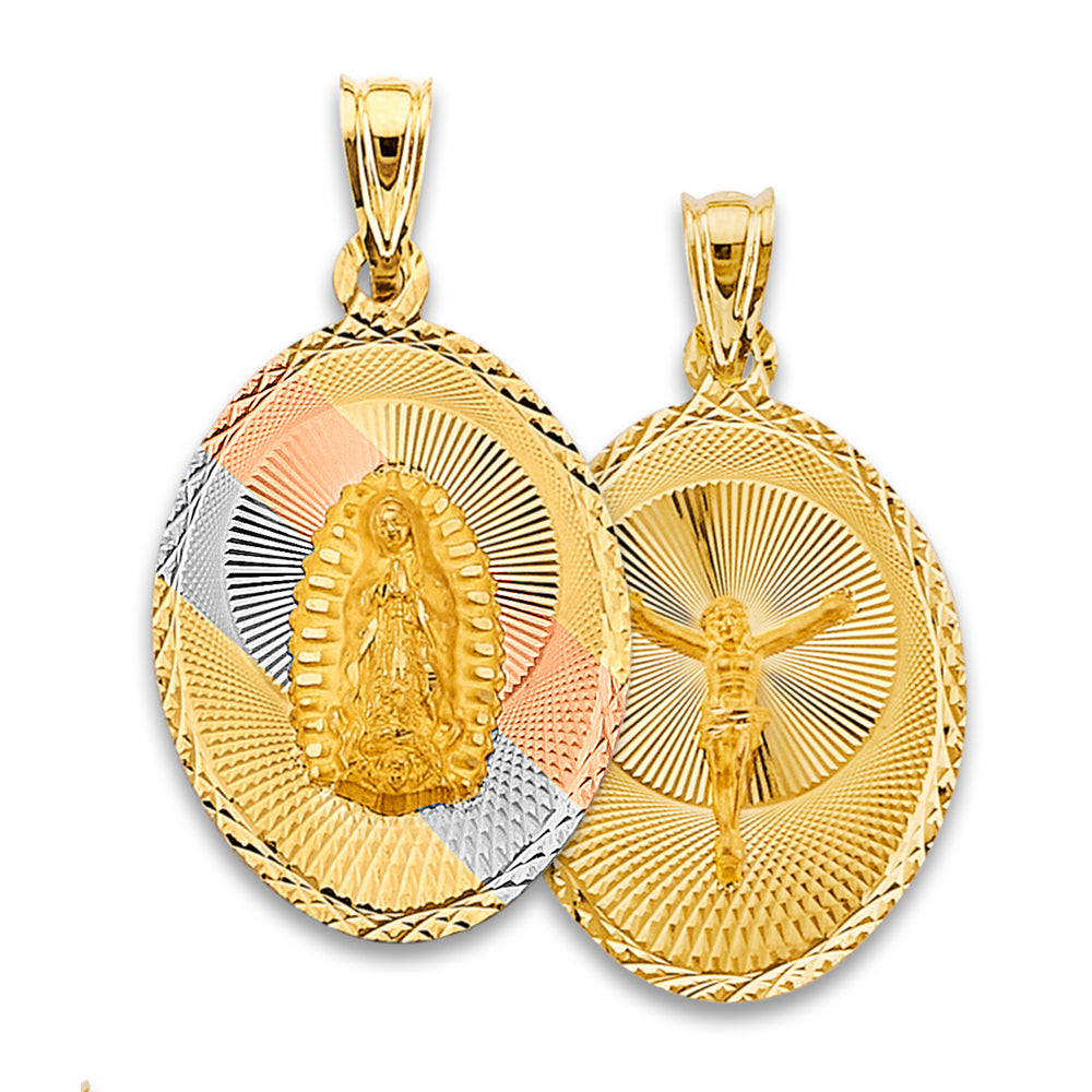 14K Tri-Color Gold Double Sided Guadalupe & Crucifix Oval Medallion