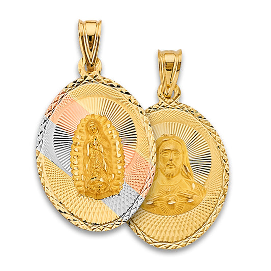 14K Tri-Color Gold Double Sided Guadalupe & Sacred Heart Oval Shaped Medallion