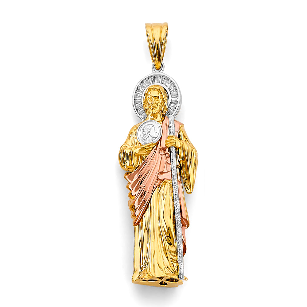 14K Tri-Color Gold Medium 3D Saint Jude CZ Pendant 2.75" Tall
