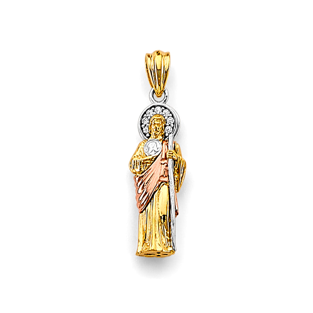 14K Tri-Color Gold 3D Saint Jude CZ Pendant 1" Tall