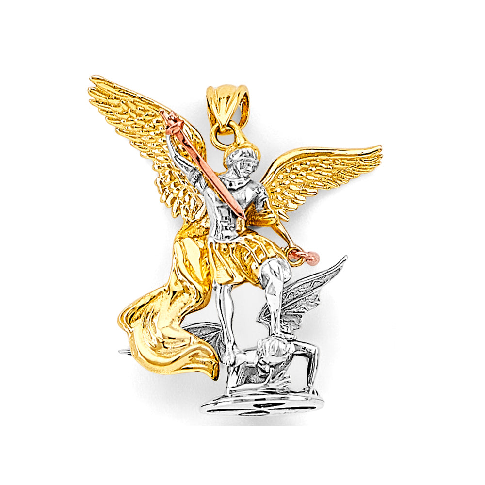 14K Tri-Color Gold 3D Saint Michael the Archangel Pendant 1" Tall