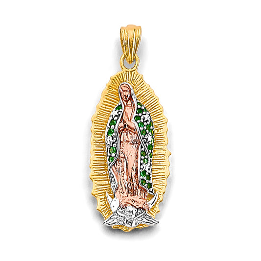 14K Tri-Color Gold Virgen de Guadalupe Extra Small Pendant with Green CZ Accents