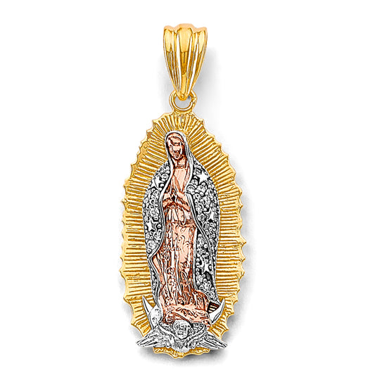 14K Tri-Color Gold Virgen de Guadalupe Small Pendant with White CZ Accents