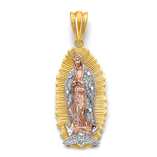 14K Tri-Color Gold Virgen de Guadalupe Medium Pendant with White CZ Accents