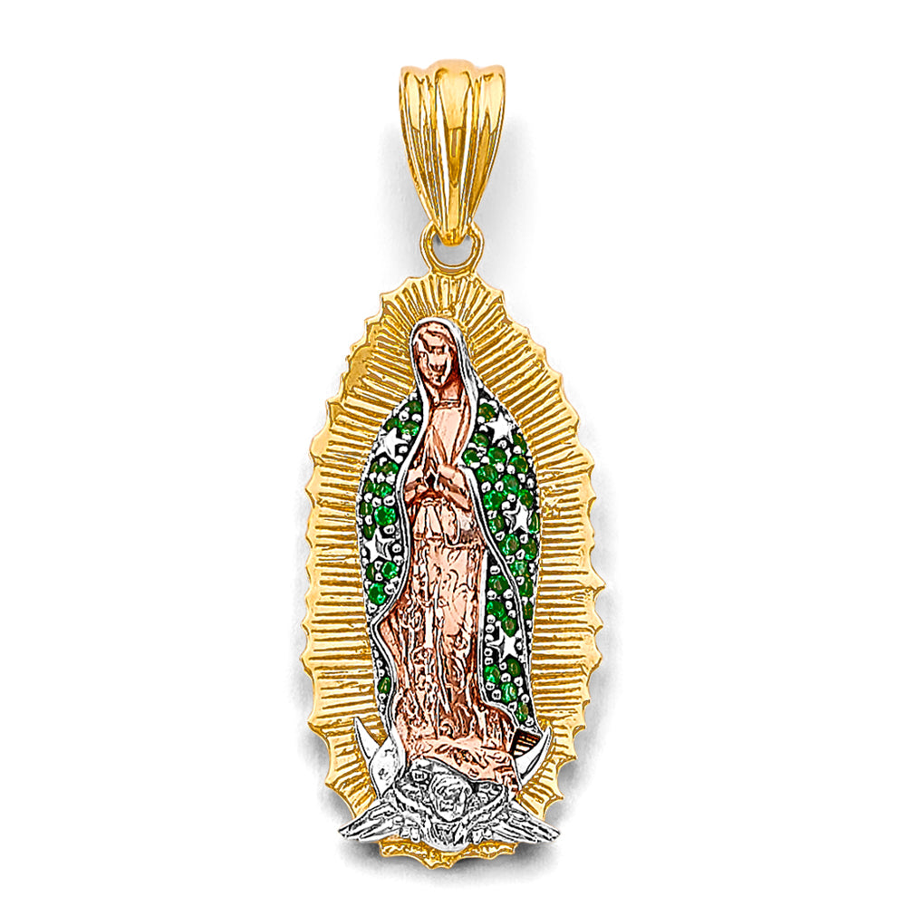 14K Tri-Color Gold Virgen de Guadalupe Small Pendant with Green CZ Accents