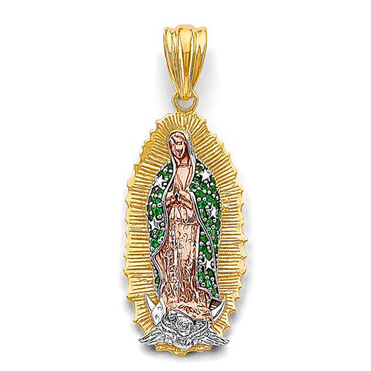 14K Tri-Color Gold Virgen de Guadalupe Small Pendant with Green CZ Accents