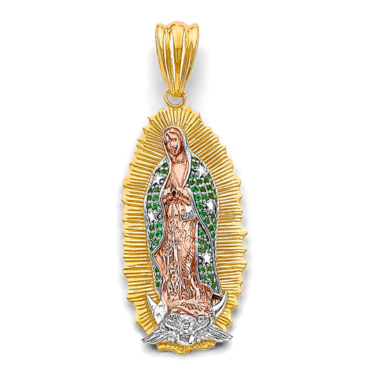 14K Tri-Color Gold Virgen de Guadalupe Medium Pendant with Green CZ Accents