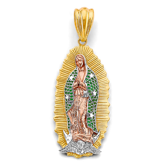 14K Tri-Color Gold Virgen de Guadalupe Large Pendant with Green CZ Accents