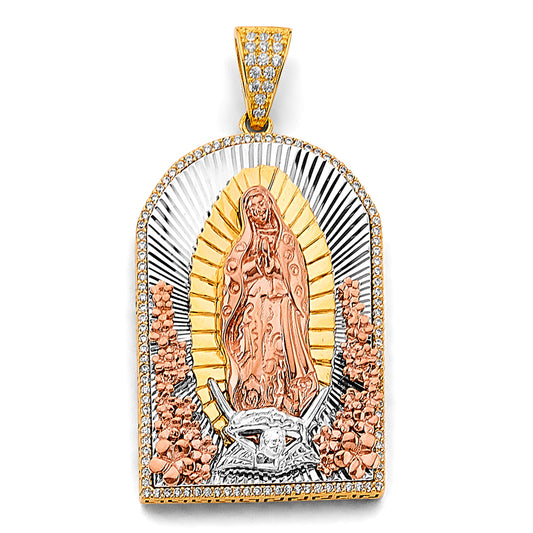 14K Tri-Color Gold Virgen de Guadalupe Rectangular Pendant with CZ Accents