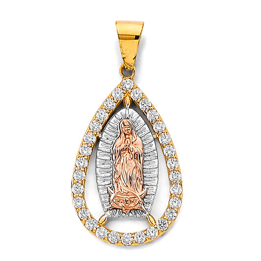 14K Tri-Color Gold Virgen de Guadalupe Teardrop Pendant with CZ Halo