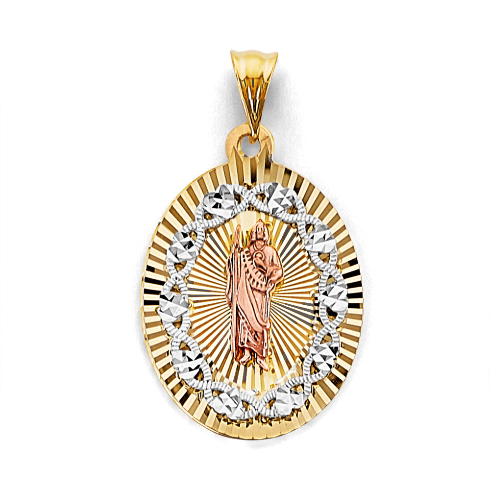 14K Tri-Color Gold Oval Saint Jude Diamond-Cut Medallion Pendant