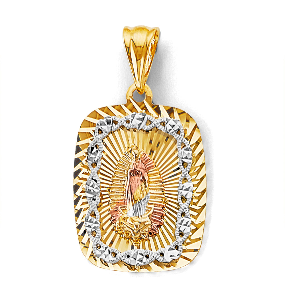 14K Tri-Color Gold Rectangular Virgin of Guadalupe Diamond-Cut Medallion Pendant