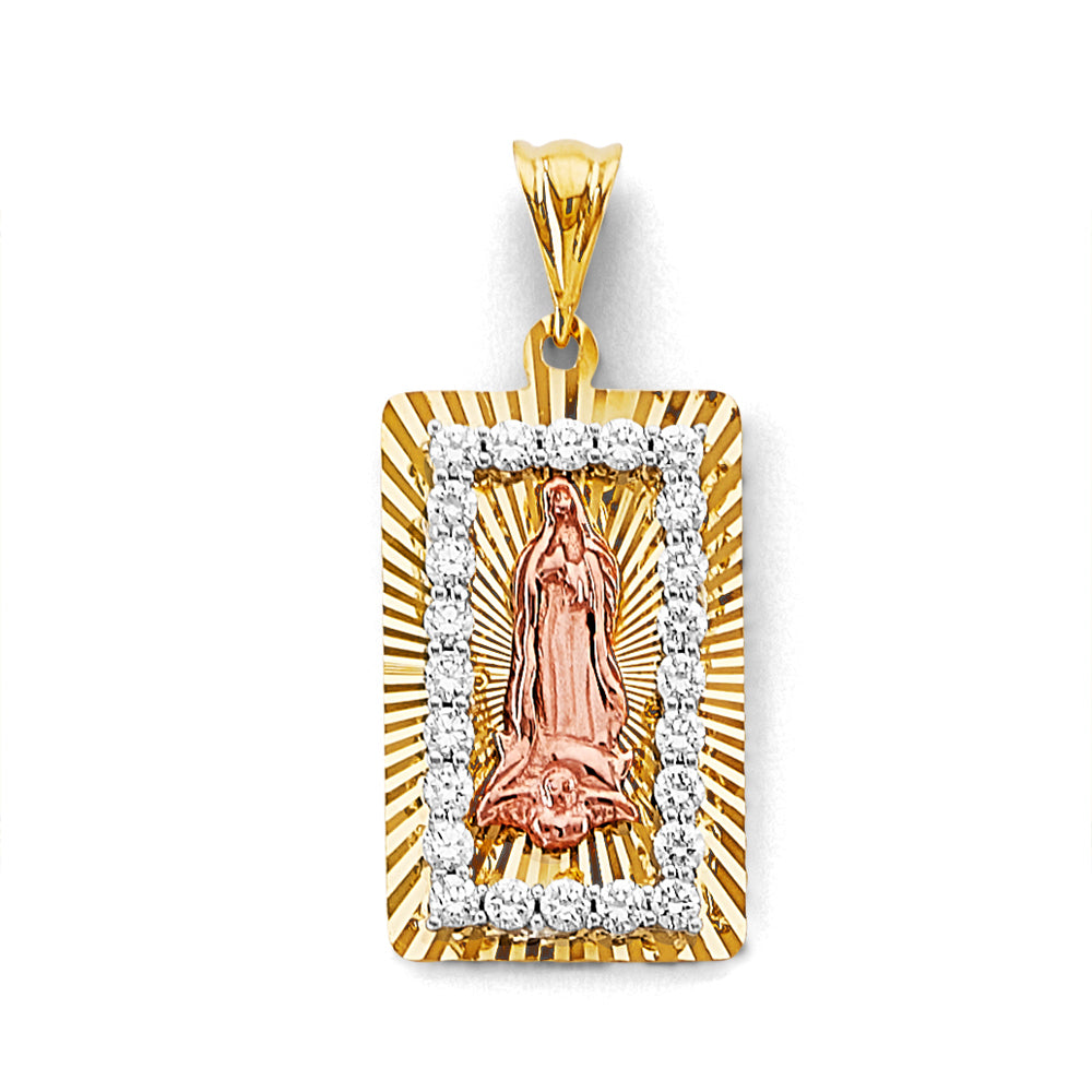 14K Tri-Color Gold Rectangular Virgin of Guadalupe CZ Medallion Pendant