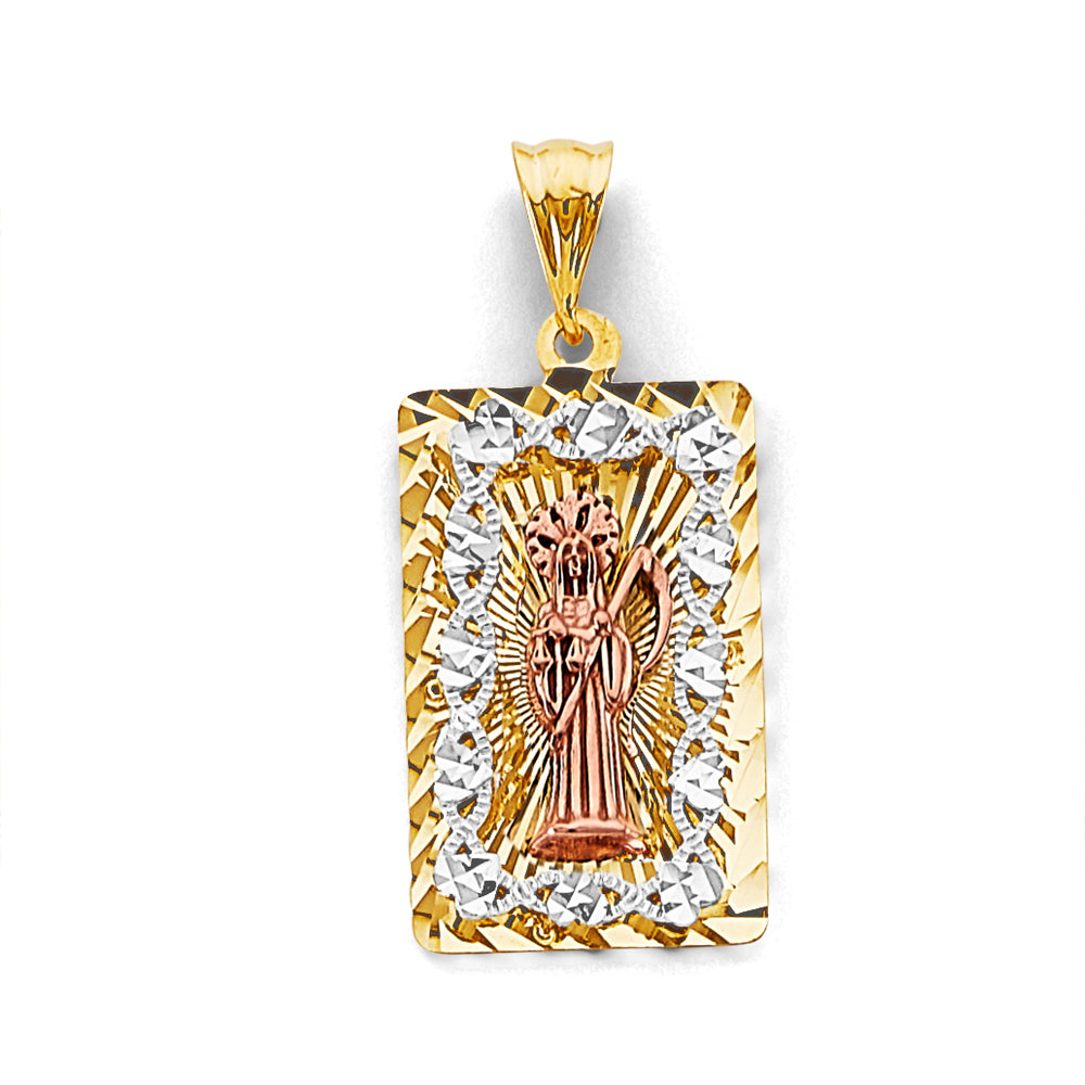 14K Tri-Color Gold Rectangular Santa Muerte CZ Diamond-Cut Medallion Pendant
