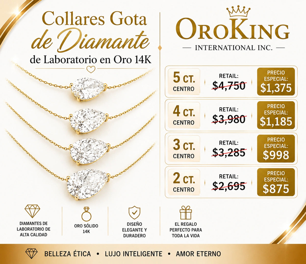 Women's 14K Gold Certified Lab-Grown Diamond PearShaped Pendant Necklace 5.00ct. Center Stone