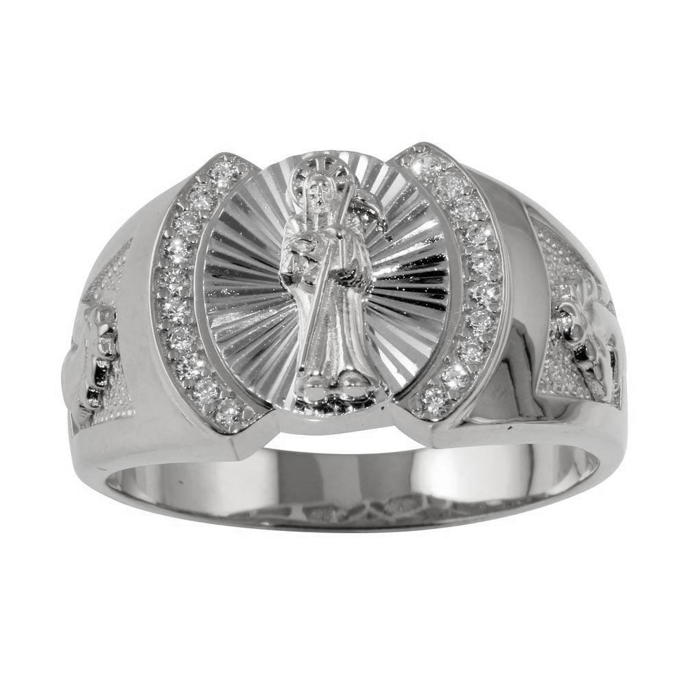 925 Sterling Silver Rhodium Plated Santa Muerte Ring with CZ