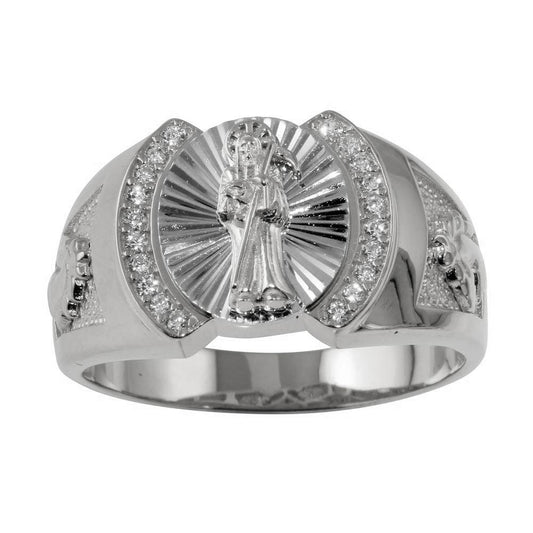 925 Sterling Silver Rhodium Plated Santa Muerte Ring with CZ