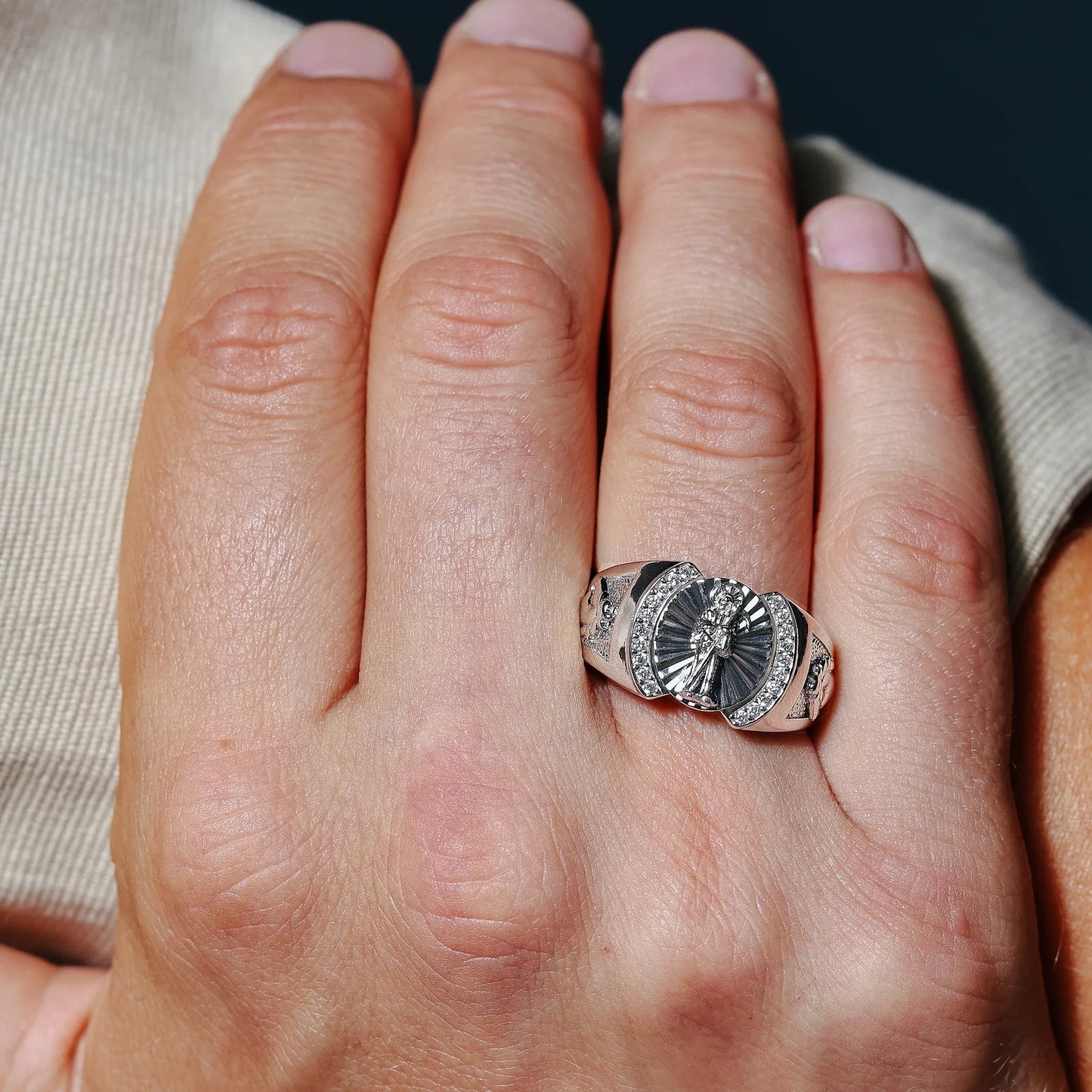 925 Sterling Silver Rhodium Plated Santa Muerte Ring with CZ