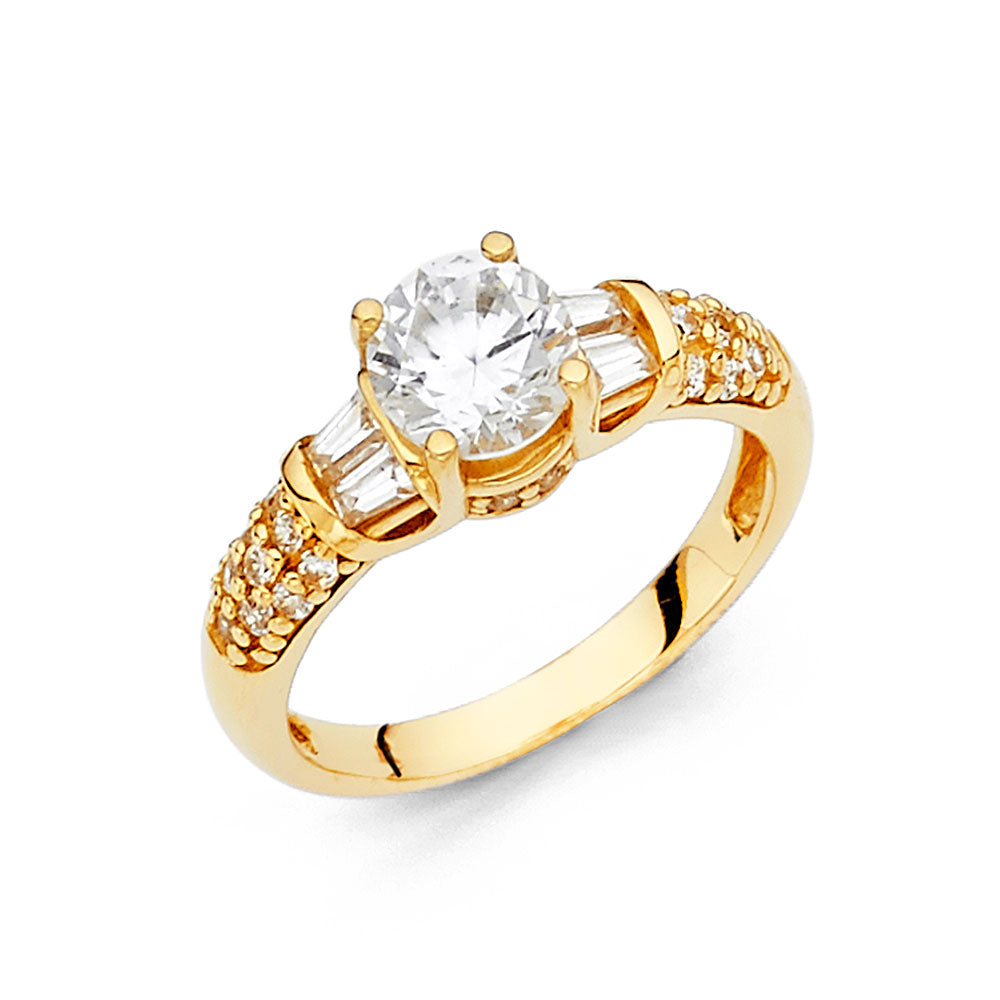 14K Yellow Gold Women’s Round Solitaire CZ Ring with Baguette & Round CZ Accents