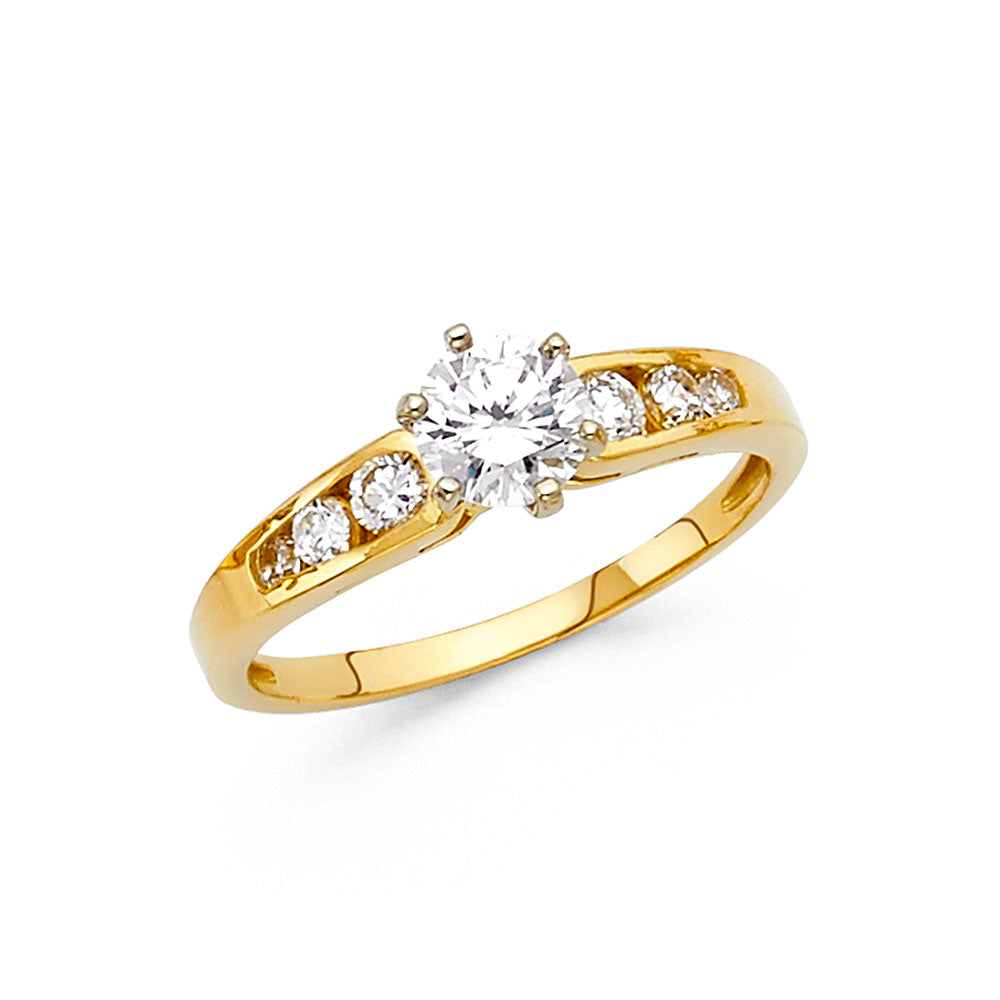 14K Yellow Gold Round Cut Solitaire CZ Ring with Side CZ Accents