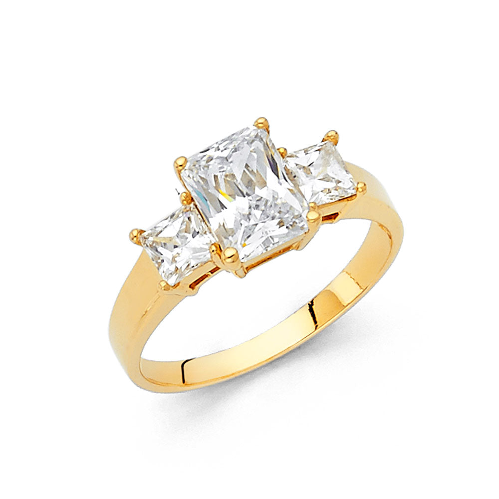 14K Yellow Gold Women’s Emerald-Cut Three-Stone Solitaire CZ Ring