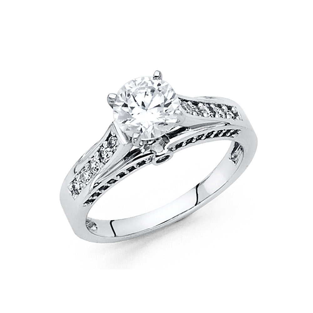 14K White Gold Women’s Solitaire Design CZ Ring with Side CZ Accents