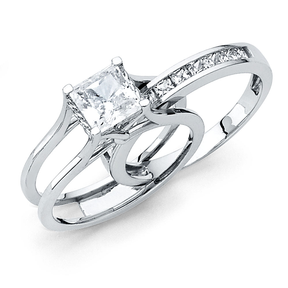 14K White  Gold Women’s Princess Cut Cubic Zirconia Split Shank Engagement Ring & Wedding Band Combo