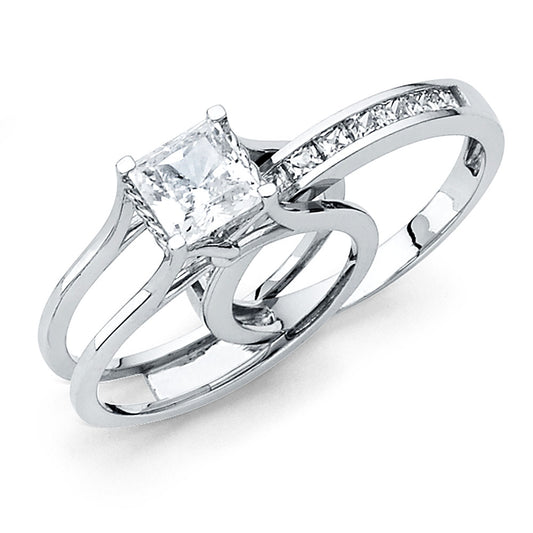 14K White  Gold Women’s Princess Cut Cubic Zirconia Split Shank Engagement Ring & Wedding Band Combo